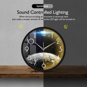 Wall Clocks Planet Earth And Moon Art Smart Wall Clock With Voice Control Function Lunar Surface Astronomy Home Dcor Metal Frame Wall Watch