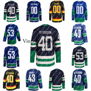 Vin 43 Куинн Хьюз Джерси 40 Элиас Петтерссон 53 Bo Horvat 6 Brock Boeser 10 Pavel Bure Navy Hockey Jerseys Black Blue Stitched