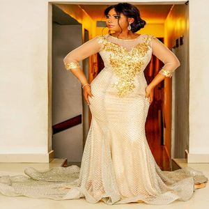 arabic aso ebi plus size gold sparkly mermaid evening dresses sheer neck prom dresses lace formal party second reception gowns zj265 2449