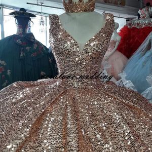 Gül pembe altın payetli quinceanera parti elbiseler tatlı 16 elbise fırfırlar etek vestidos de 15 a os yeni 2021 229n