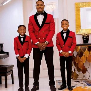 Gekerbte Reverendringträger -Jungen formelle Kleidung Tuxedos ein Knopf Kinder Kleidung für Hochzeitsfeier rote Jacke schwarze Hosen Bowtail 300W