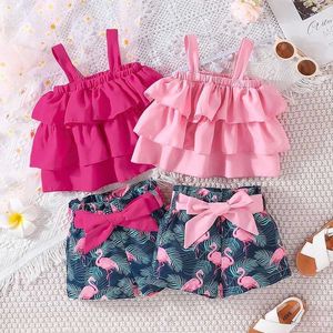 Clothing Sets Baby Clothes Set 6Months - 3Years old Sleeveless Croptop and Cartoon Flamingo Shorts Outfit Clothing Suit For Kids Newborn GirlL2405