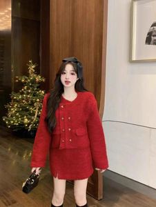 Work Dresses Sweet Girl Red Suit Women's Autumn And Winter Lamb Wool Jacket Hip Wrapped Short Skirt Two-piece Set Fashion Female Clothes