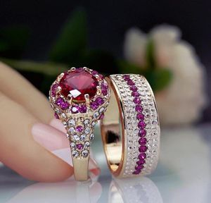 Anéis de casamento Vintage Rose Gold Noivado Ring Conjunto de moda feminina redonda Crystal Luxury Bridal Red Zircon Stone for Women6140507