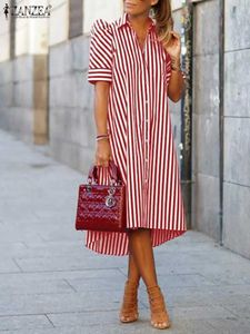 Grundläggande avslappnade klänningar Kvinnor Vintage Stripe Tryckt Visteado Zanzea Summer 2022 mode kortärmad mantel casual ol oregelbundet knä sunskirtl2405