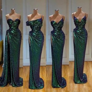 New Sexy Dark Green Sequined Lace Mermaid Evening Dresses Sequins Sleeveless Split Mermaid Sweep Train Custom Formal Party Dress Prom G 199w
