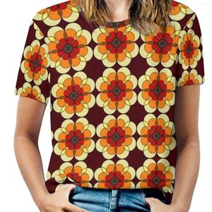 Camisetas femininas camisetas retro camunhas de mulher de mulher primavera e verão pullover de pescoço impressa no pescoço dos anos 70s 70s