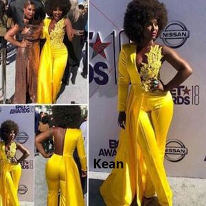 Żółte modne sukienki wieczorowe kombinezon długie rękaw 2021 Struśń z koronki seksowna African African Plus Size Sukni