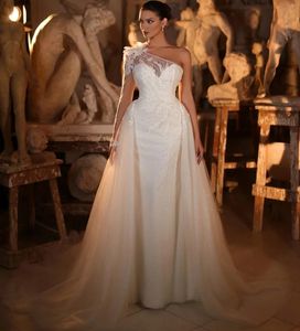 2024 Wedding Dress With Detachable Train One Shoulder Long Sleeve Beading Sequins Lace 3D Flower Bridal Gown Vestidos De Novia Customed