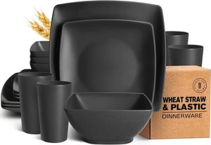 Teivio 16 peça Plástico Wheat Straw Square Dinnerware Conjunto para 4 pratos inquebráveis Salada Salada Bowls 240508