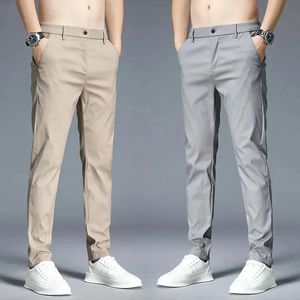 Summer Ultra-Thin Mens Casual byxor Slim Straight Elastic Ice Silk Sports Jogging Pants Fashion Korean Black Khaki Green 240513
