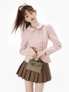 Vestidos de trabalho primavera elegante conjunto de duas peças feminino coreano Moda de jaqueta doce de jaqueta rosa feminina manga longa France Mini Suit 2024