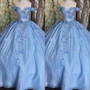 2023 Bling Tulle Bahama Blue Quinceanera Dresses Ball Off the Counder 3D Flowers Corsy Corset Back-Up Prom Varuure Form 150L