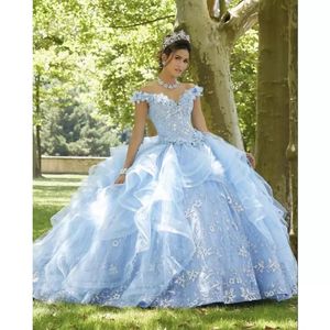 Light Sky Blue Princess Quinceanera Dress 2023 Off Shoulder Appliques Sequin Flowers Party Sweet 16 Gown Vestidos de 15 206e