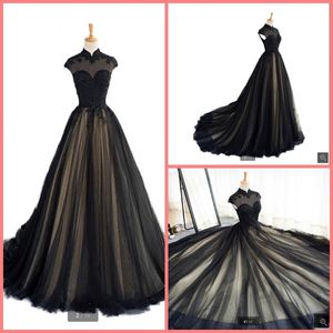 2021 Real Picture Black Champagne Tulle en linje prom klänning Hög halsringning Cap Sleeve Modest Lace Applicques Prom Gowns Pärled Muslim Dress 267L