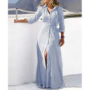 Two Piece Dress Womens shirt dress 2024 long sleeved lapel lace print vest spring new casual large hem skirt Q240511