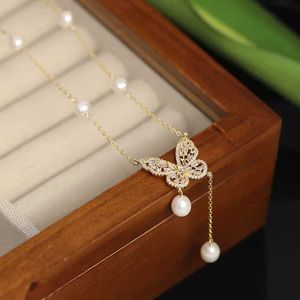 Pendant Necklaces Minar Fantasy Natural Freshwater Pearl CZ Zircon Hollow Butterfly Wings Tassel Pendant Necklace for Women Titanium Steel Chokers