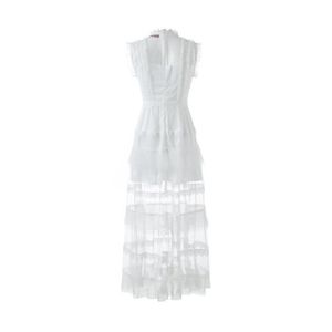 Urban Sexy Dresses A LINE LIDE WHITE MESH MESH LACE LACE MAXI Women Summer O-Diace Slickeless Ruffles Plateed Party Party Drop Drop