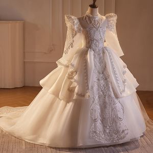 ヴィンテージプリンセス長袖フラワーガールドレスレース結婚式のための特別な機会ジュニアブリデスメイドプロムドレスボールガウンページェントガウン聖体拝領ドレス