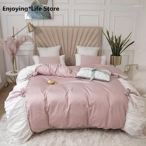 Zestawy pościeli różowe żółte zielone bawełniane księżniczka Girl Set White Ruffle Splice i Bowknot Duvet Cover Bed Pillowcase