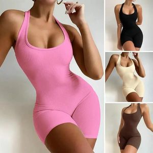 Kadınlar Bodysuit Sleeless Gymbackless Tulum Egzersiz Catsuit Bodycon Romper Sportswear Fitness Yoga Takım Seksi 240429