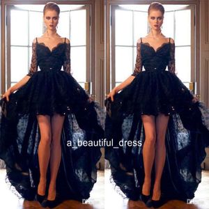 Short Front Long Back Black Lace High Low Prom Dresses with Sequins Mid Sleeves Spaghetti Straps Evening Party Formal Gowns ED1296 308p