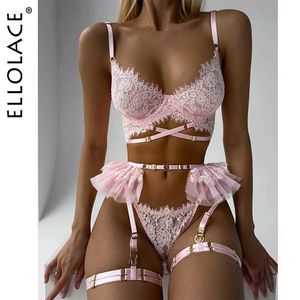 Set sexy ellolace delicato lingerie increspato di giarrettiera biancheria intima See attraverso il pizzo di lusso bacio intimo sesso fantasia vestito Q240511