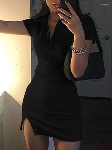 Party Dresses 2024 Short Sleeve Slit Sexy Mini Dress Summer Women Fashion Streetwear Outfits Cute Solid Y2K Clothing