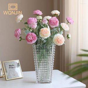 Flores decorativas Ramo único 3 Cabeça Flocking Flor Artificial Peony Fake Living Sala de jantar Ornamentos de festa em casa decoração