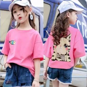 Cotton Girls Kurzarm Katzenfisch Druck T -Shirt Kinderkleidung Korean lose halb Top 240511