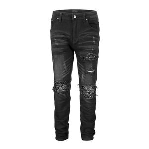 2024 New High Street Trendy Brand Black Cashew Flower Print Patch Perforated Jeans for Men's Elastic Slim Fit Leggings