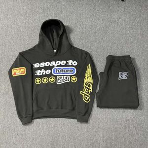 Kırık Gezegen Köpük Mektup Baskılı Hoodie Gevşek Yüksek Sokak Pantolon Set