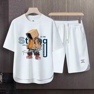 Herrspår 2024 Summer Men Klädstrakten Set Korean Fashion Harajuku Tracksuit Men 2 Piece Set Short Slve T Shirts+Shorts Men Set Y240508