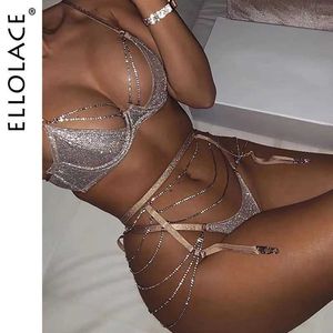 Sexy Set Ellolace Sparkle Chain Push Up Bra And Panty Women Rhinestone Intimates Lingerie Underwear Bralette Brief Q240511