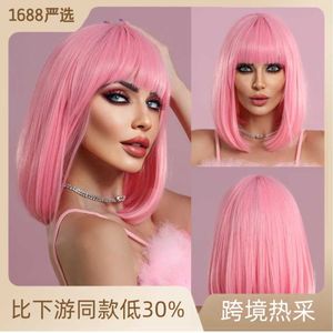 Temu Wig Straight Bang Short Straight Wig 여성 밥 가발 합성 가발 풀 세트