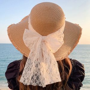 Koreansk stil kvinna halm båge band stor grim solskydd ins kändis utflykt mode strand semester glaciär hatt