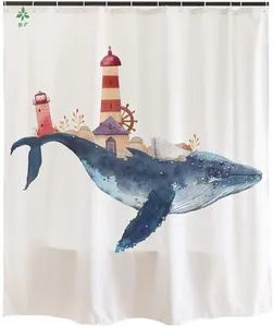 Zasłony prysznicowe wieloryb i latarnia morska biała wodoodporna tkanina Niebieska morska kurtyna