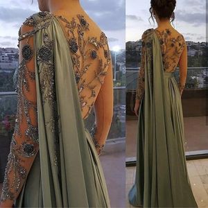 Arabisch eine Schulter olivgrüne muslimische Abendkleid mit Cape Long Sleeves Dubai Frauen Prom Partykleider Kleider elegant Plus Size 297W