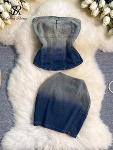 Work Dresses SINGREINY 2024 Sweet Vintage Sets Sleeveless Mini Strapless Camis High Waist Bodycon Skirt Summer Gradient Denim Suits