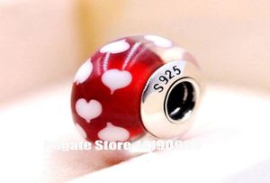 2pcs 925 Sterling Gümüş Kırmızı Murano Cam Küçük Beyaz Kalpler Boncuklar Uygun Mücevher Takımları Kolye 4149114