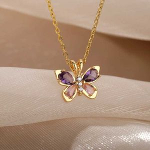 Pendant Necklaces Cute Butterfly Necklace Womens Crystal Purple Butterfly Aesthetic Necklace Charm Necklace Party Stainless Steel Jewelry Gifts J240513