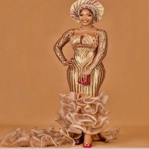 2021 Plus Size Arabic Aso Ebi Mermaid Gold Sparkly Prom Dresses Long Sleeves Sequined Evening Formal Party Second Reception Gowns Dress 2704