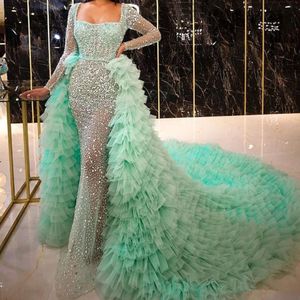 Ljusgrön sjöjungfru aftonklänningar med löstagbar tågrock de soiree långärmad paljetter Tier Tulle Party Pageant Dress Prom Gowns 251m
