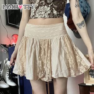 IAMTY Lace Patchwork A-line Pleated Mini Skirt Fairycore Aesthetic Folds Waist Slim Short Skirts Y2K Kawaii Lolita Style 240513