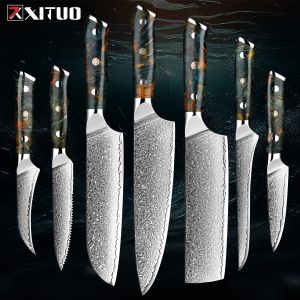 Conjunto de faca de cozinha de Damasco 1-7pcs super nítido tang flech utilidade utilidade utilidade utilidade santoku faca estabilizada em madeira ergonômica maçaneta