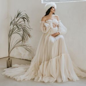 Abiti da sera preziosi a spalla Tulle Ruffles A-Line Abito Maternity Illusi