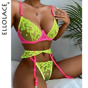 Sexig uppsättning ellolace neon spets underkläder underkläder hjärtformad broderi erotisk sensuell lapptäcke 3-delar gatter breves set q240511