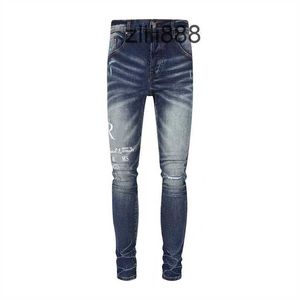 Designer Stack Jeans European Purple Jean Men broderi Quiltning Rippad för trendmärke Vintage Pant Mens Fold Slim Skinny Fashion627
