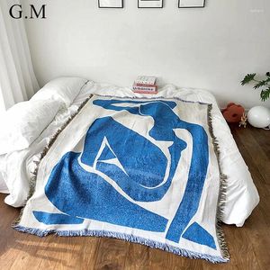 Decken blaue Akte gewebt Wurf Decke Vintage abstrakte Kunst Wandteppich mit Quasten Ins Sofa Bett Cove Outdoor Camping Matte