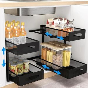 Kökförvaring under diskbänk arrangörer och justerbar 2 Tier Metal Pull Out Cabinet Organizer för badrumskafferi